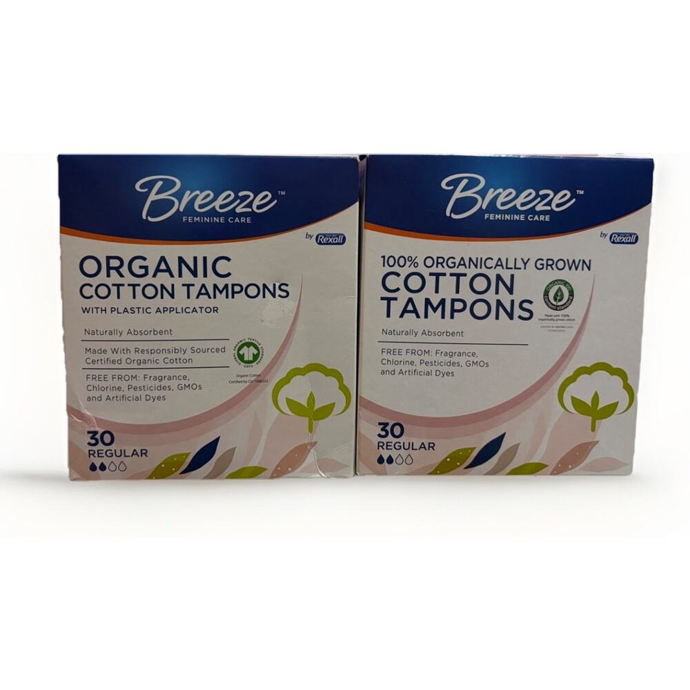 Breeze Organic Cotton Tampons Regular 30 Ct x2 Boxes With Plastic Applicator NEW
